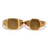 Two 9ct yellow gold gentleman's signet rings, sizes R & S1/2, one with initialled platform,