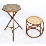 An occasional table with caned top, height 73cm, and a circular stool (2).