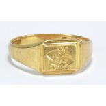 An 18ct yellow gold signet ring initialled to the rectangular platform, size U1/2, approx 6.7g.