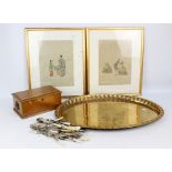 A large brass oval tray, a late Victorian oak twin handled box,