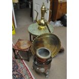 A lot of mixed metalware to include two large chargers and folding stand,