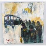 FREDERICK J ENGLAND (born 1939); oil on canvas, 'NCB Bus Queue', signed lower left,
