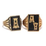 A pair of 9ct yellow gold gentleman's signet rings with rectangular black onyx platforms with