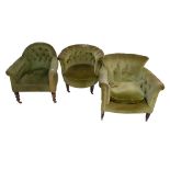 A late 19th century open armchair on ring turned supports with castors,