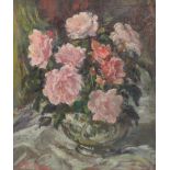 HAROLD RIDING RCA (1925-1969); oil on artist's board 'Roses in Silver Bowl', signed lower right,