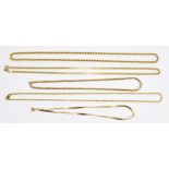 Four 9ct gold chain necklaces with various links, and a 14ct yellow gold fancy link example,