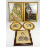 A pair of 19th century coloured oval etchings depicting young females, in decorative gilt frames,