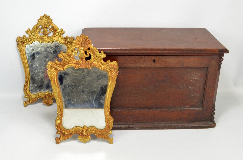 A 19th century mahogany document box with hinged lid and a pair of contemporary small gilt metal