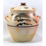 SVEND BAYER (born 1946); a stoneware bread crock, toasted unglazed exterior decorated with fish,