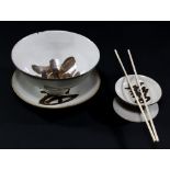 LUCIE RIE (1902-1995); a stoneware 'Rijsttafel' trio comprising a rice bowl,