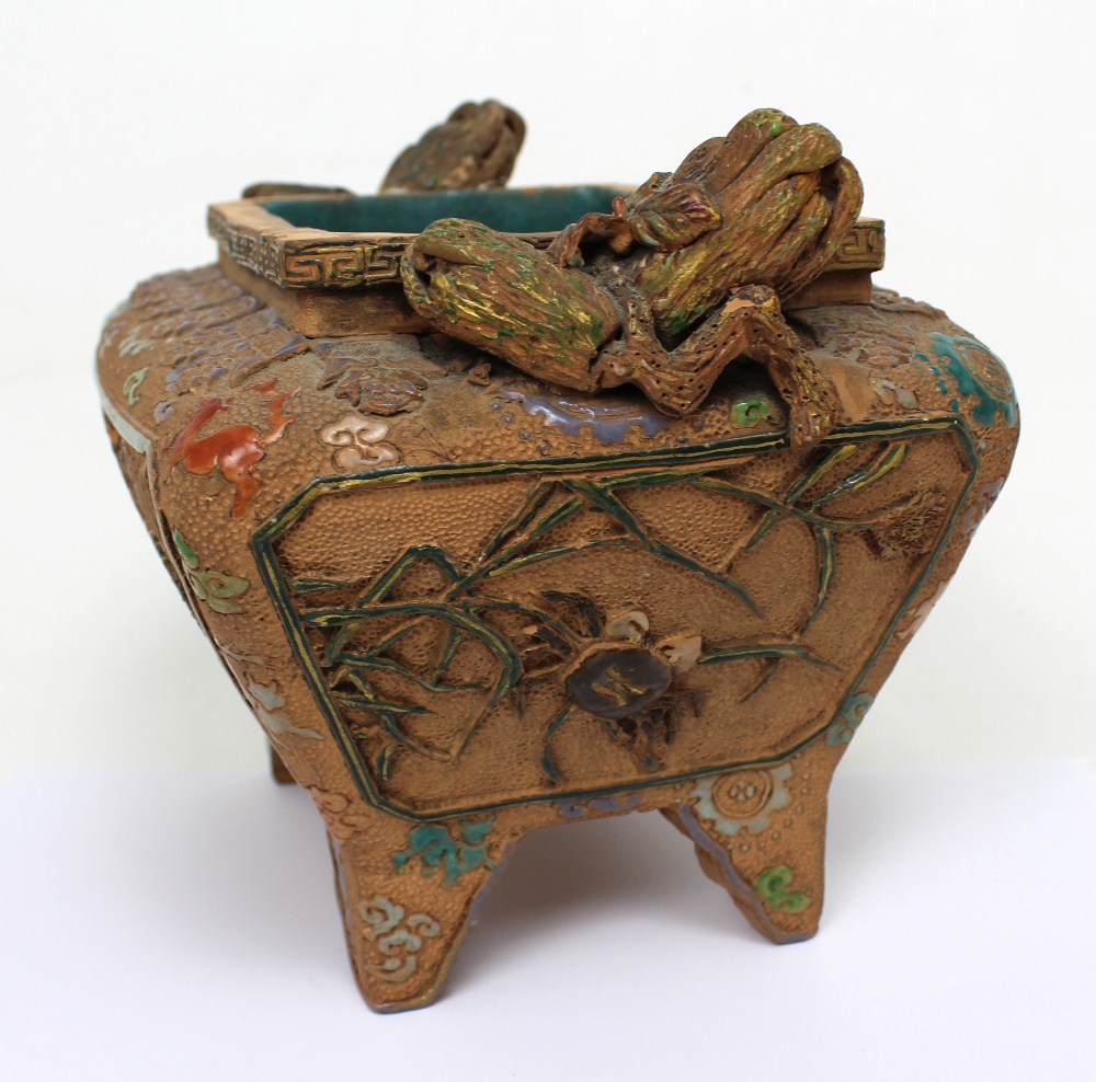 A 19th century Oriental terracotta censer, lift-off top revealing turquoise glazed interior, - Image 3 of 4