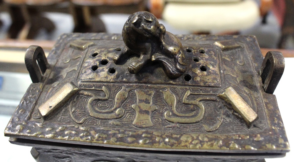 A 19th century Oriental bronze censer with Dog of Fo finial to pierced top, - Image 2 of 5