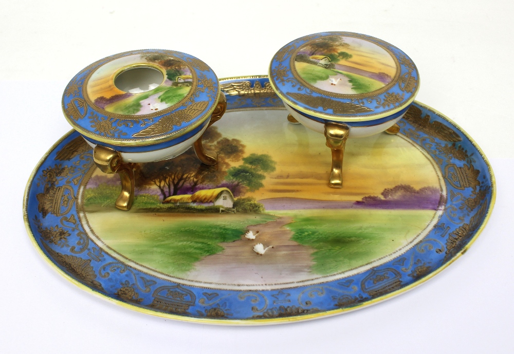 A Noritake oval dressing table tray with painted decoration,