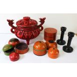 An Oriental collectors' lot comprising carved red lacquer twin-handled pot and cover, height 16cm,