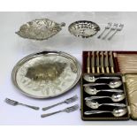 A small quantity of plated ware to include a tray, a decorative white metal dish,