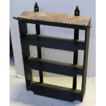 An ebonised three-tier display shelf unit with two shelves and carved rim, 73 x 49cm.