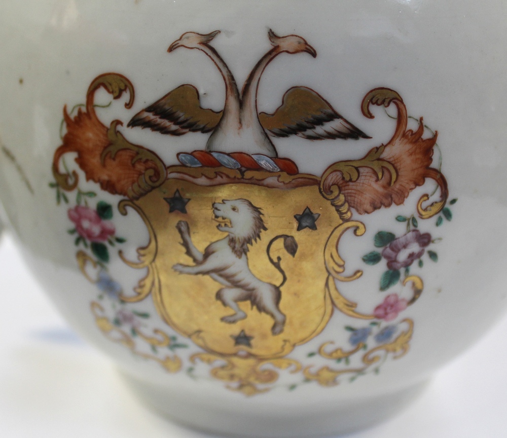 An 18th century Chinese Famille Rose armorial ovoid teapot, gilded shield with lion, - Image 3 of 7