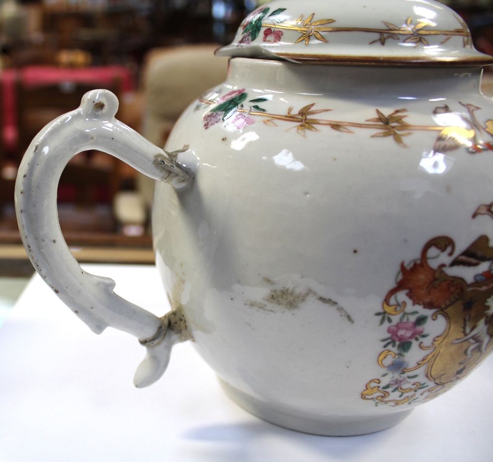 An 18th century Chinese Famille Rose armorial ovoid teapot, gilded shield with lion, - Image 4 of 7