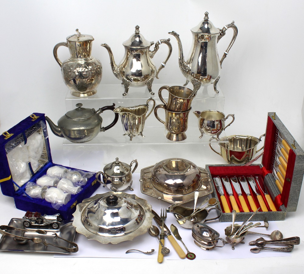 A quantity of plated ware to include teapots, part tea service, butter dish, small pewter mugs,