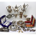 A quantity of plated ware to include teapots, part tea service, butter dish, small pewter mugs,