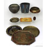 A quantity of Oriental papier mache trays, Indian metal trays, a large pot with dragon handle (af),
