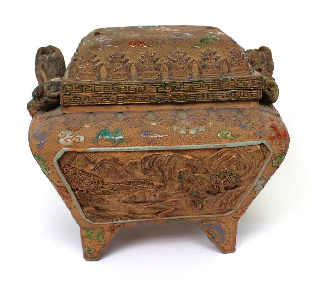 A 19th century Oriental terracotta censer, lift-off top revealing turquoise glazed interior, - Image 2 of 4