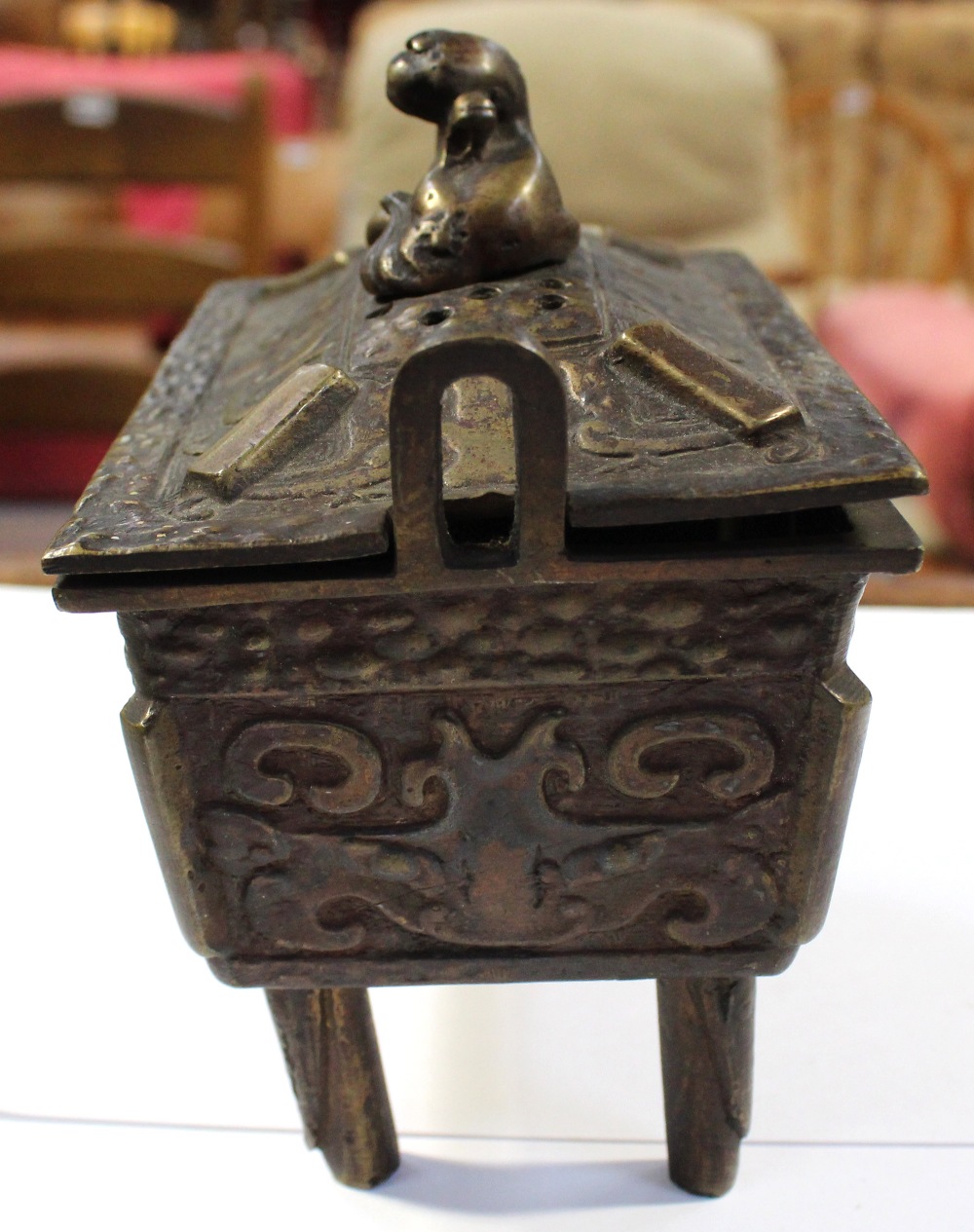 A 19th century Oriental bronze censer with Dog of Fo finial to pierced top, - Image 4 of 5