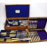 An oak cased set of plated flatware and a cased set of six fish knives and forks (lacking six place