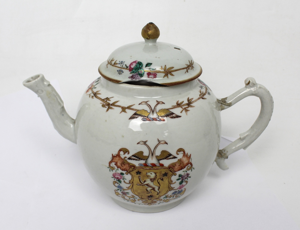 An 18th century Chinese Famille Rose armorial ovoid teapot, gilded shield with lion, - Image 2 of 7