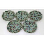 Five c1880 Chinese famille rose plates decorated in enamels with figures and flora,