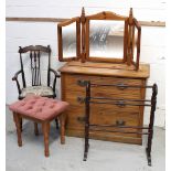 An Edwardian pine three-drawer chest of drawers on plinth support,