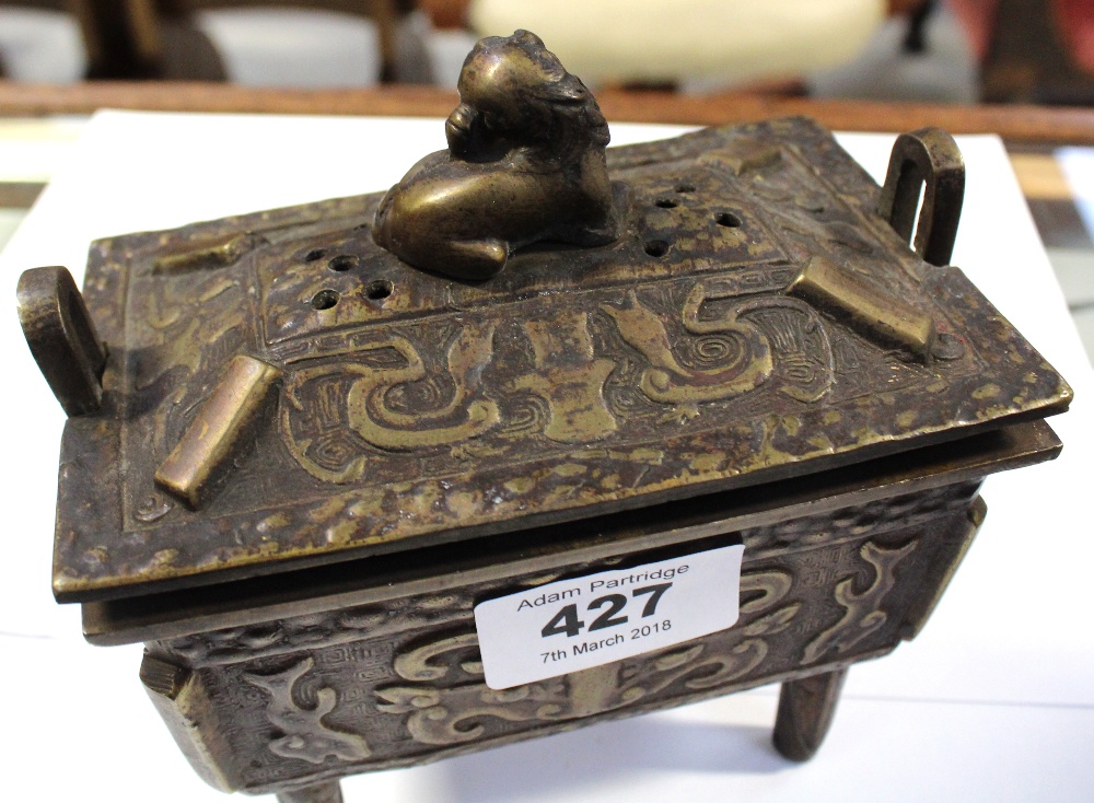 A 19th century Oriental bronze censer with Dog of Fo finial to pierced top, - Image 5 of 5