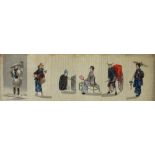 A set of six 19th century figurative studies on silk, unsigned, 10.5 x 39.