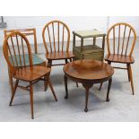 Three Windsor-style oak kitchen chairs, a retro dining chair,