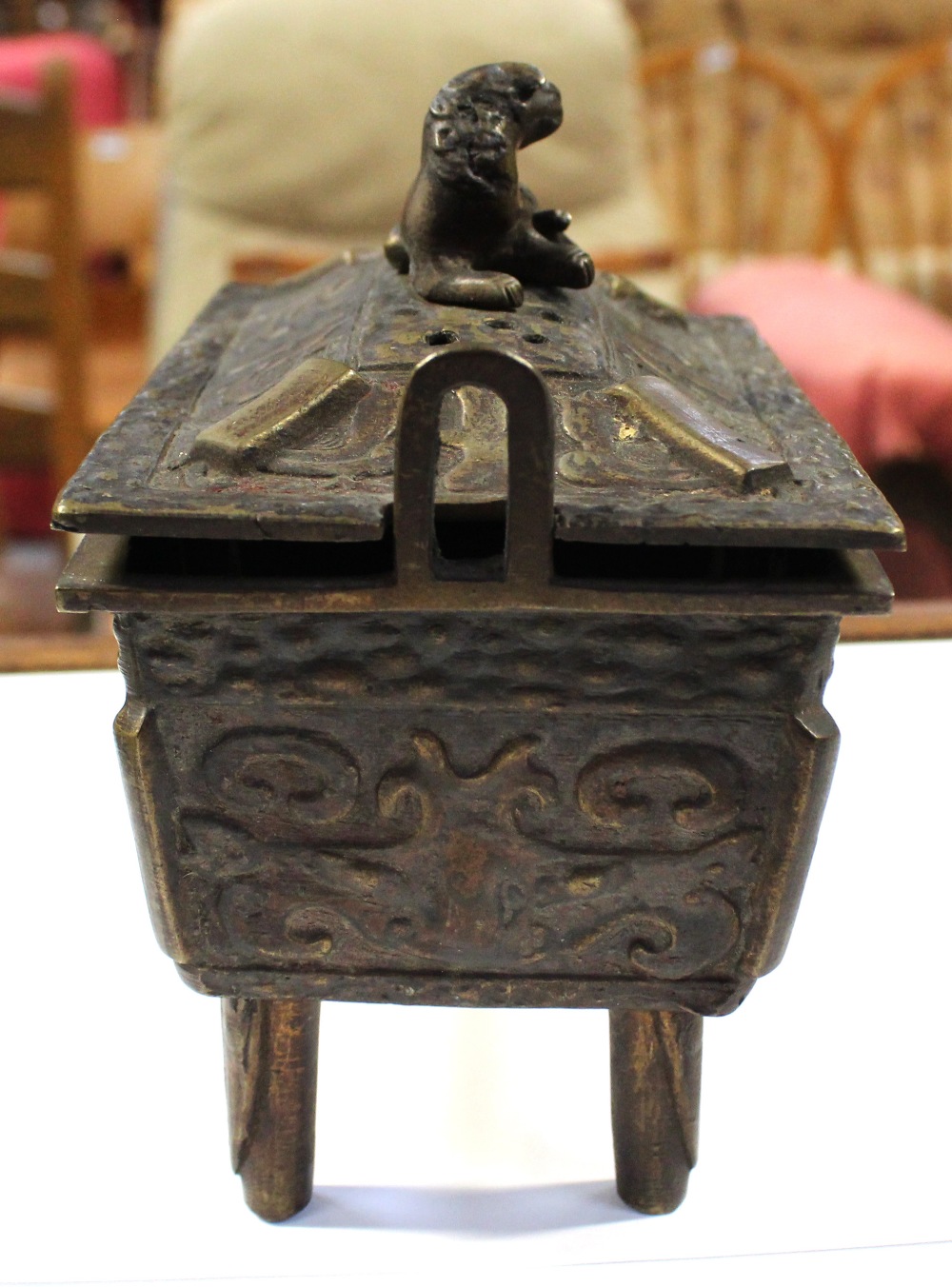 A 19th century Oriental bronze censer with Dog of Fo finial to pierced top, - Image 3 of 5