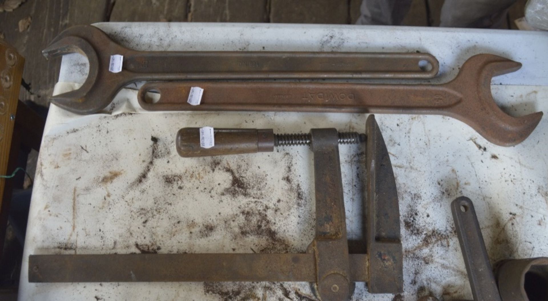 Two large spanners, each length approx. 21" and a clamp (3).