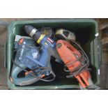 A collection of various electric power tools to include a Black & Decker KS890E Scorpion and a