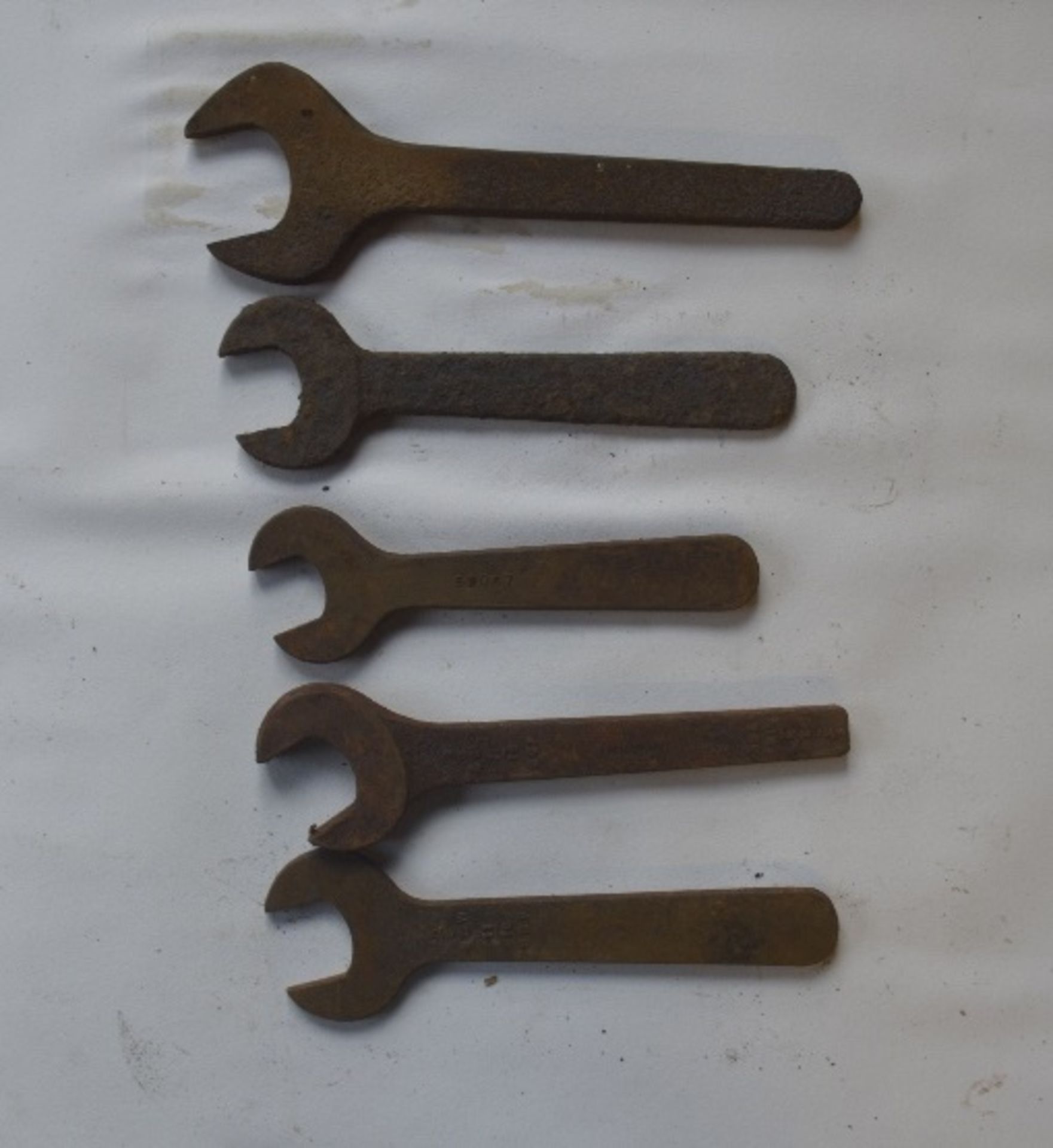 Five short handled BSF spanners, length of longest approx. 10" (5).