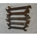 Five BSW - BSF spanners, length of longest approx. 12" (5).