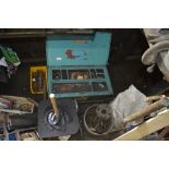 A blue painted tool box and contents etc.