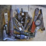 Sundry items to include drill bits, spanners, air tools, a tyre pressure gauge etc.