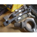 Three ring spanners, length of longest approx. 12", a heavy duty hook etc.