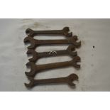 Five BSW - BSF spanners, length of longest approx. 10 1/2" (5).