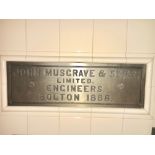 A plaque inscribed "John Musgrave & Sons Limited Engineers Bolton 1888".