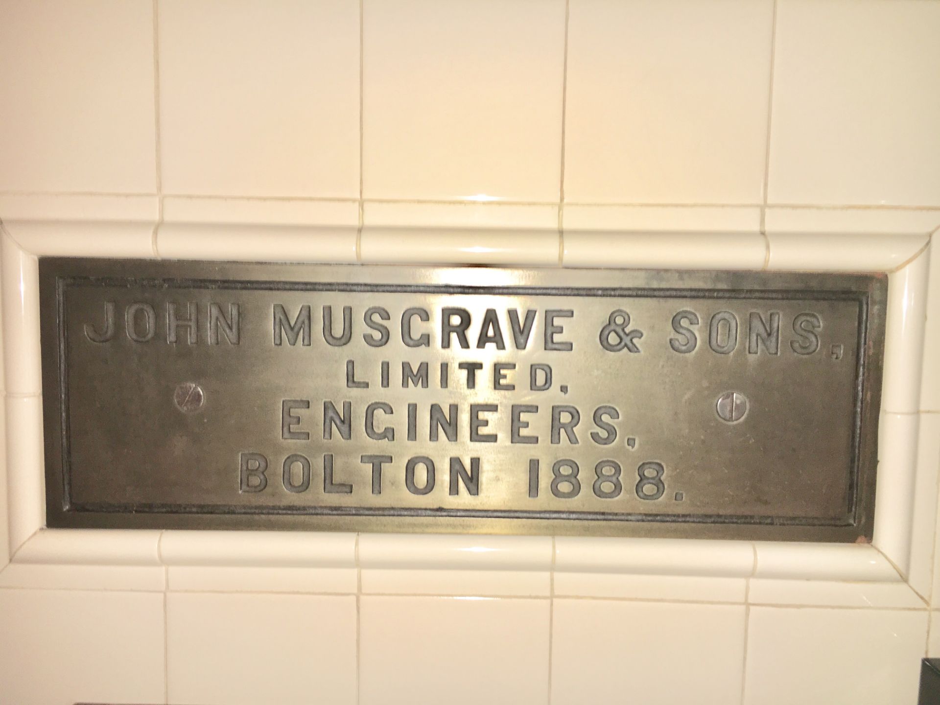 A plaque inscribed "John Musgrave & Sons Limited Engineers Bolton 1888".