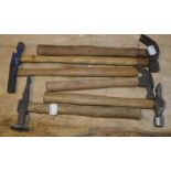 Six wooden handled hammers, length of longest approx. 13" (6).