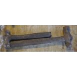 Two vintage wooden handled hammers, length of longest approx. 14" (2).