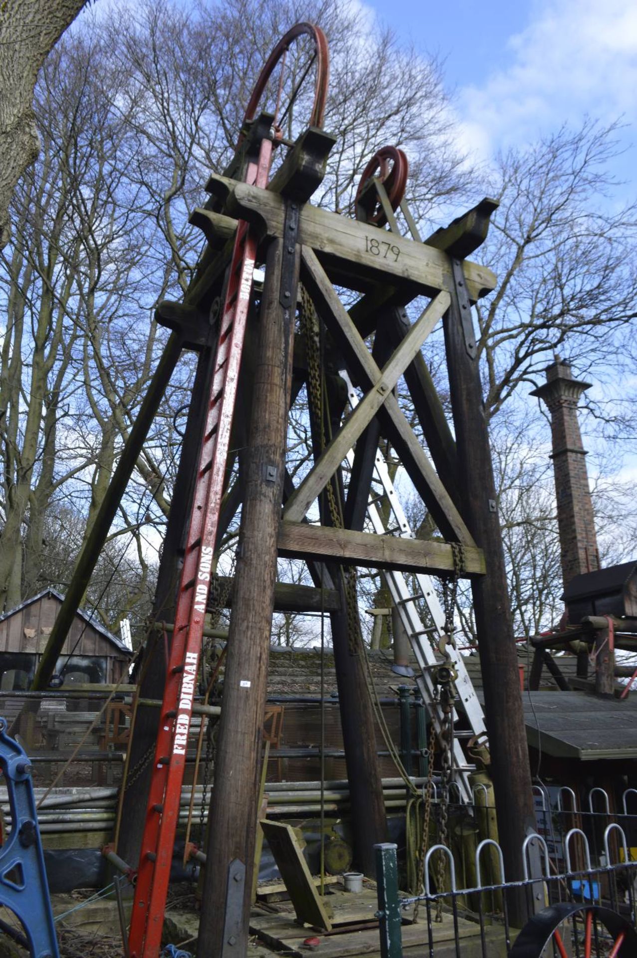 A mine headgear, complete with pulleys, frames etc.