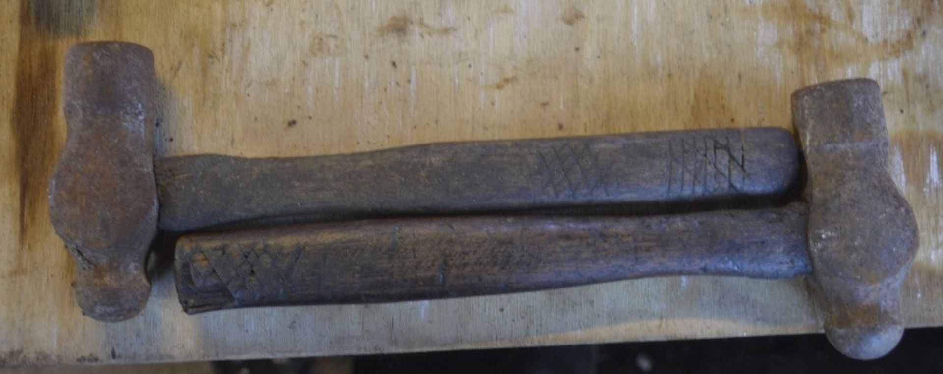 Two vintage wooden handled hammers, each length approx. 12" (2).