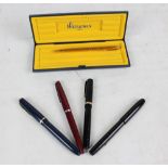 Four vintage fountain pens to include Parker and Waterman 'Ideal Rigid' 14ct nibbed examples, also a